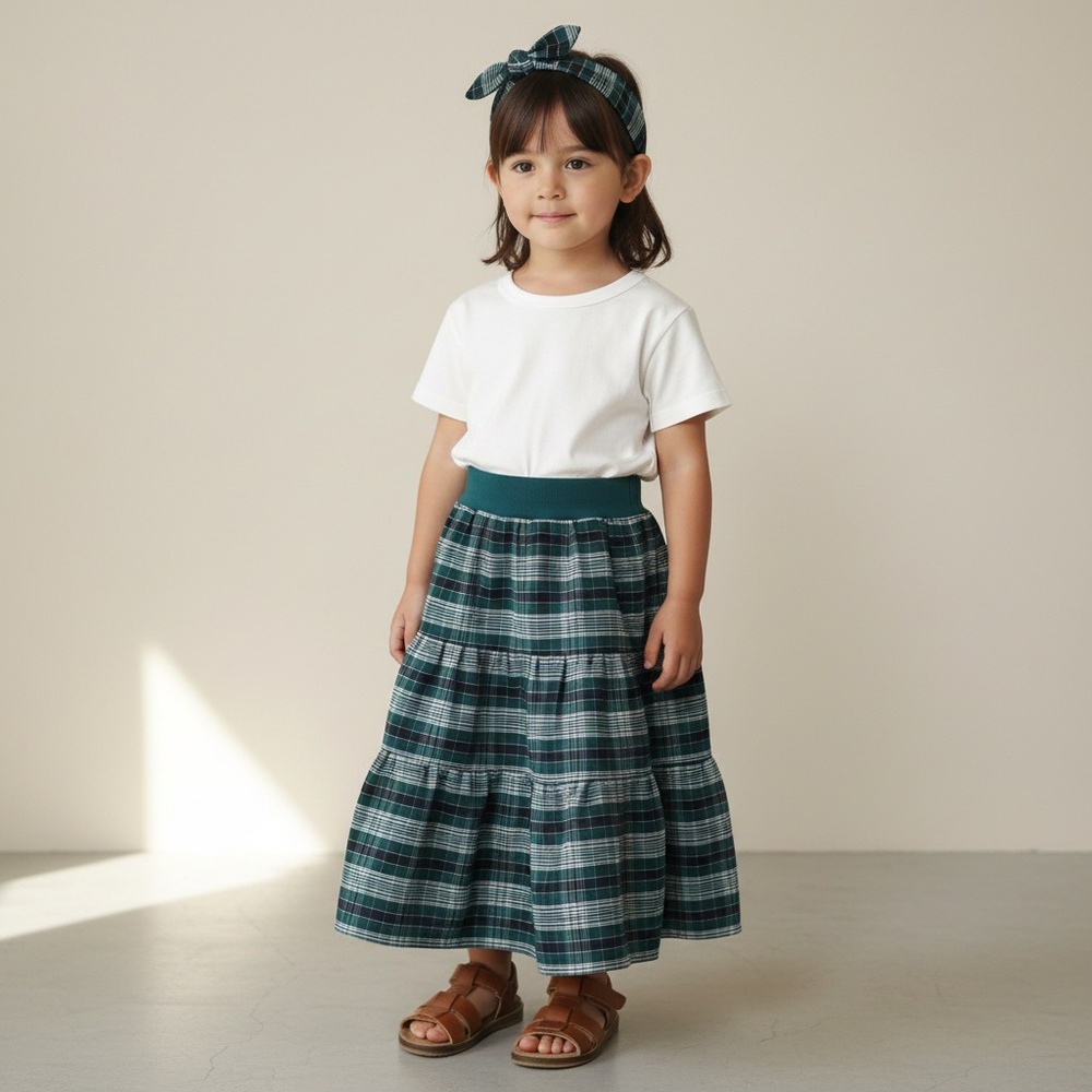 Skirt‎ Girls 2/3 Maxi Blue Teal Plaid Ruffle Tier 100% Cotton Mom and Pop's Kids